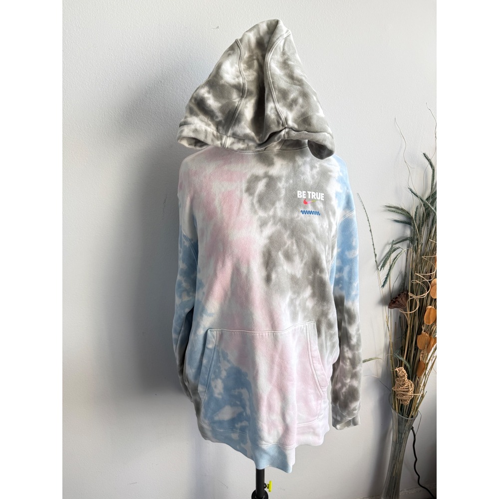 Nike Be True Tie Dye Hoodie Pink Blue Grey‎ Rainbow Swoosh Fleece Sweatshirt L